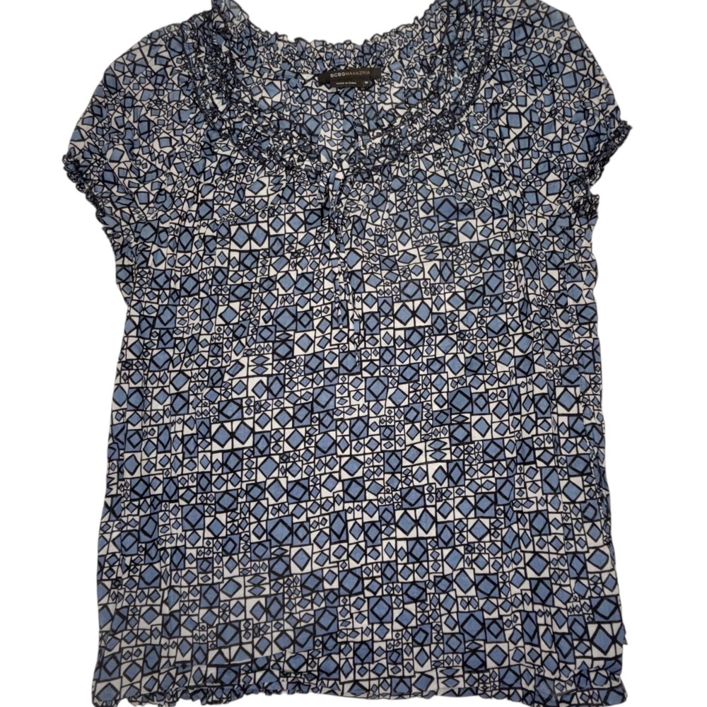 BCBGMAXAZRIA Womens Blouse Medium Blue Geometric Ruffle Neck Tie Cotton Top